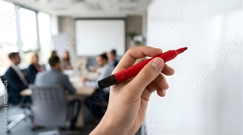 Hand holding red marker writing on whiteboard during office meeting