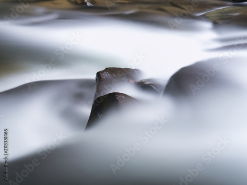 Long-exposure photographs of flowing water show dark, wet rocks partially submerged, creating a soft, misty or veiled effect around the rocks.