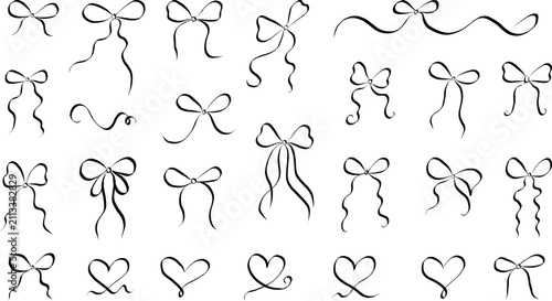 Vector set of elegant hand drawn ribbon bows, flowing tails, heart flourishes and decorative curls in black line art and feminine coquette style.