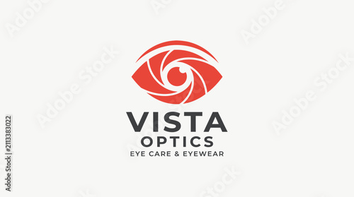 Vista Optics Eye Care  Eyewear Logo with Stylized Red Eye.