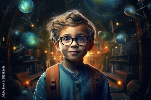 A smart boy in round glasses fantasizes about distant fantasy worlds, planets, space, the universe. Positive child, schoolboy against the background of multi-colored galaxies and nebulae.