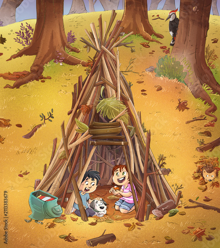 Niños con su perro jugando en un tipi en el bosque, ilustración infantil