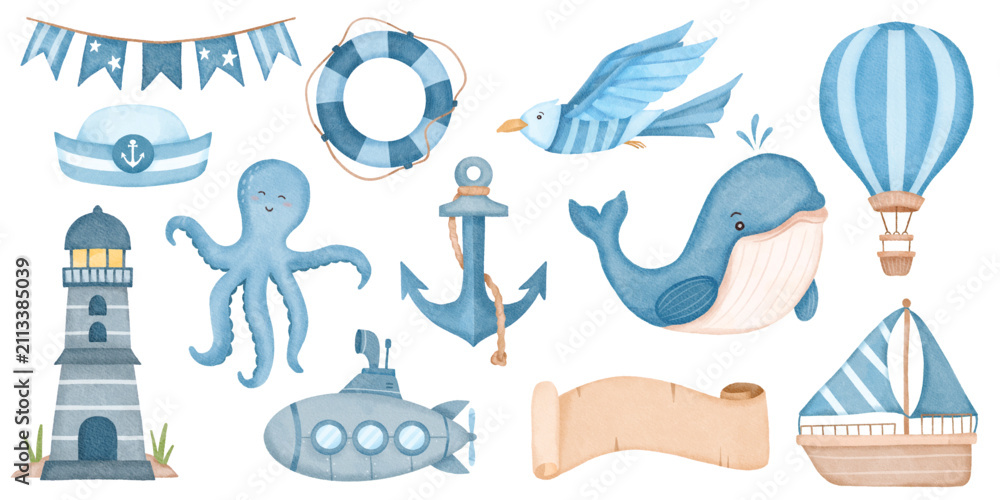 Obraz premium Cute nautical watercolor clipart with lighthouse whale octopus and sailing elements