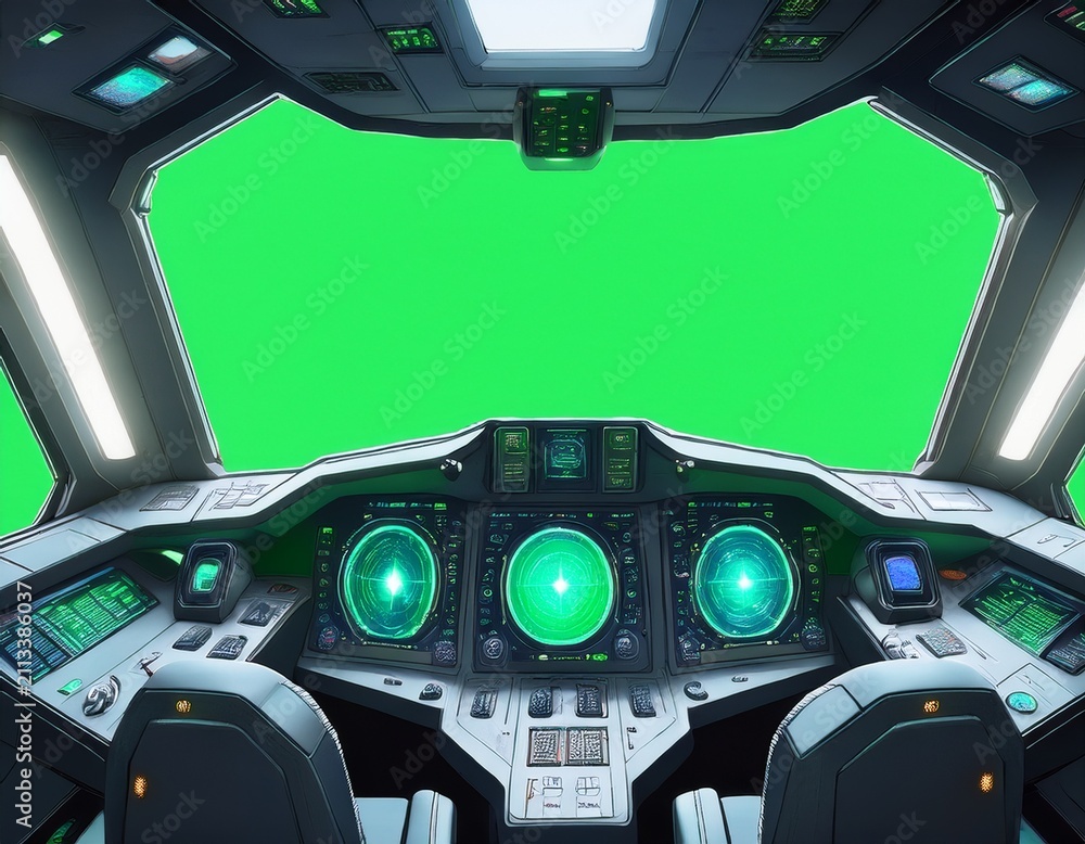 Fototapeta premium cockpit view from spaceship with futuristic interface and green screen