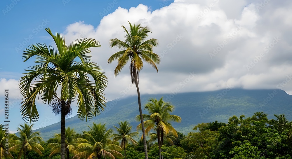 Fototapeta premium Sun-Drenched Palms, Cloud-Kissed Peaks