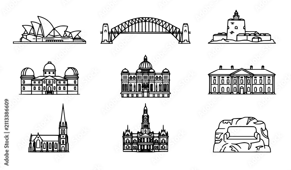 Naklejka premium Sydney Architecture Continuous Line Vector Collection Featuring Opera House Harbour Bridge and Historic Australian Buildings