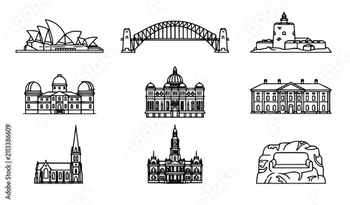 Sydney Architecture Continuous Line Vector Collection Featuring Opera House Harbour Bridge and Historic Australian Buildings