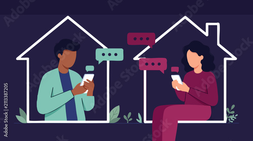 Bild auf Leinwand People chatting on smartphones from separate homes, remote communication concept