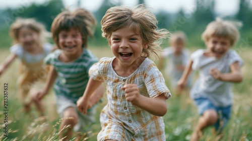 Group of happy children running freely together in a grassy outdoor field