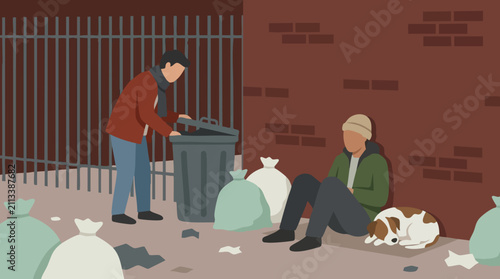 Homeless people and a dog in an urban alley, struggling with poverty