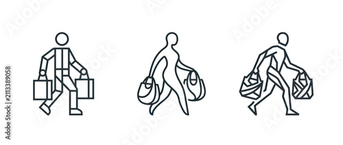 Stick figure illustration of people carrying shopping bags in simple line art style