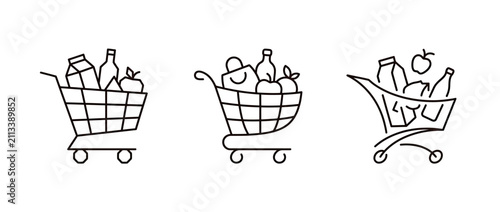Three line art shopping carts with groceries in a row on white background