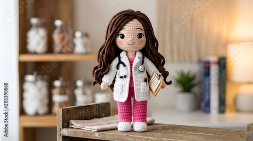 Handmade crocheted doctor doll in white coat standing in cozy room interior