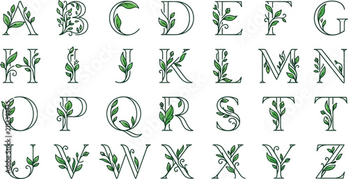 Decorative floral alphabet letters collection with elegant vintage botanical illustrations for wedding invitations and creative design projects