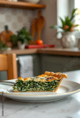Slice of spinach pie on whi...