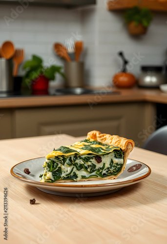 Slice of spinach pie on pla...