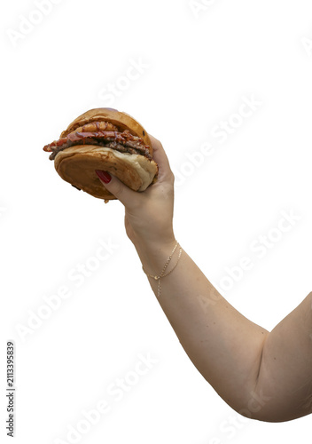 Arm Holding Cheeseburger Isolated on Transparent Background