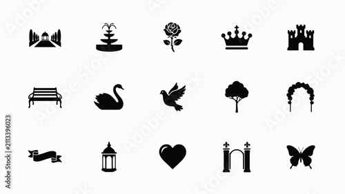 Elegant black and white silhouette icons set with arranged clean grid layout modern aesthetic collection fourteen minimalist showcases refined collection