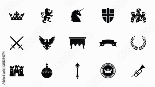 Classic black and white heraldic symbols collection with evoking regal historical themes sharp clean lines timeless aesthetic displays meticulously arranged