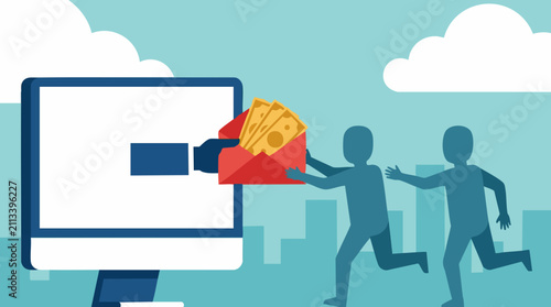 Online Money Transfer Concept with Hand Giving Cash in Envelope from Computer