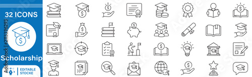 Bild auf Leinwand 32 Scholarship Outline Icons Vector Set – Student Grant, Financial Aid, Educatio