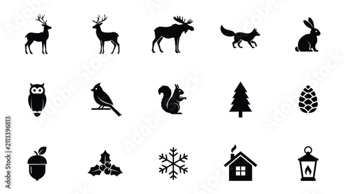 Black with high contrast black white silhouette collection forest creatures cozy winter motifs arranged clean grid layout creatures seasonal symbols