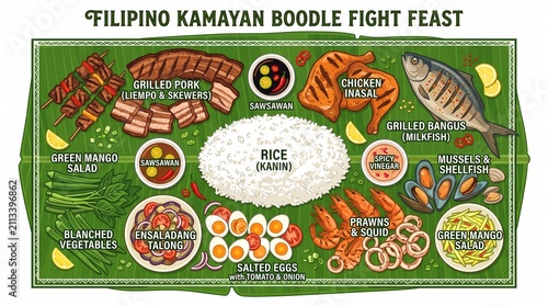 Kamayan Filipino Boodle Fight Feast Vector Map Illustration