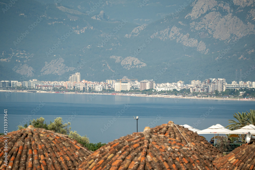 Fototapeta premium Antalya city skyline and Konyaalti beach view from Kaleici Turkey