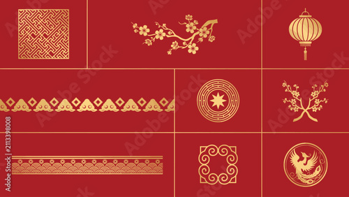 A collection of traditional chinese decorative elements featuring golden floral patterns geometric borders lanterns and ornate circular motifs isolated on a deep red background