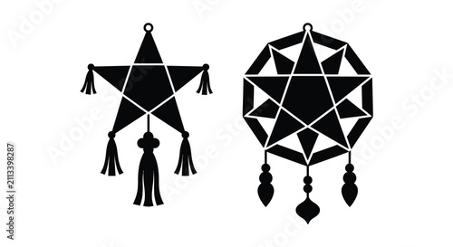 Two filipino star lanterns with hanging tassels a black silhouette against a white background lantern parol