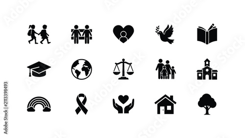 Modern minimalist black icon set with high contrast black white icon collection depicting diverse themes education contemporary style neutral background