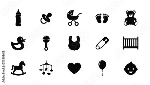 Canvastavla Vintage black and white infant care and playtime icon set collection with bold s