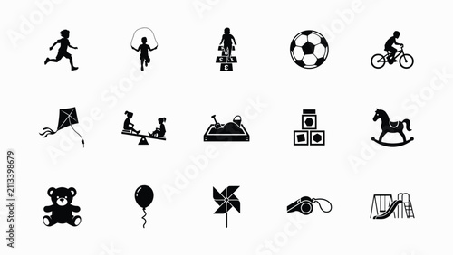 Cuadro en lienzo Playful childhood activities silhouette icons collection flat vector design with