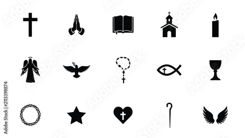 Photos Black and white religious symbols collection minimalist vector icons set with co