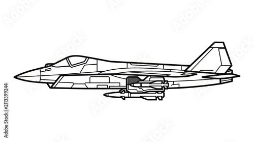 Fighter Jet Aircraft Line Drawing.