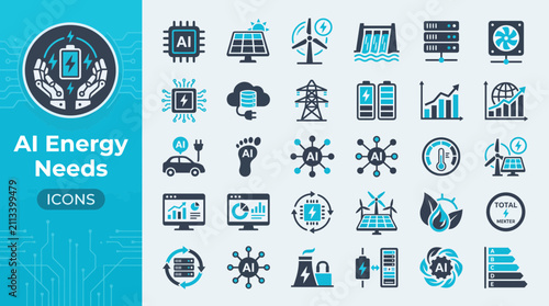 AI energy consumption icons. Sustainable technology and power efficiency vector set.