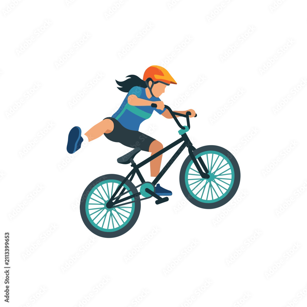 Fototapeta premium Woman Riding Bicycle in Mid Air Jump.
