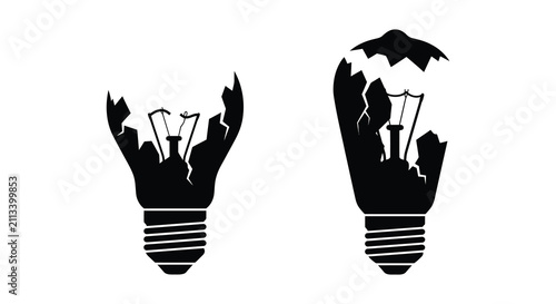 Quadro su tela Two broken light bulbs with shattered glass depicted as a black silhouette bulb