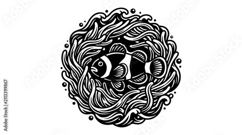 Fish entwined in seaweed circle.