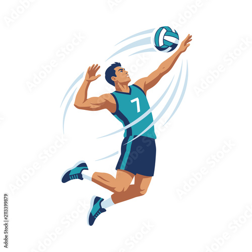 Male Volleyball Player Jumping to Spike Ball.