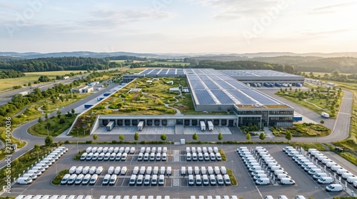 Aerial View of Modern Warehouse Facility Surrounded by Green Landscape and Parking Lot