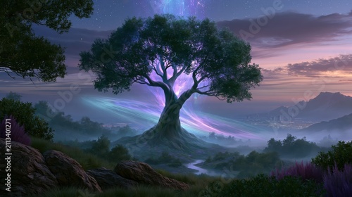 A large tree stands on a hill under the night sky with bright colors in the background and a city in the distance