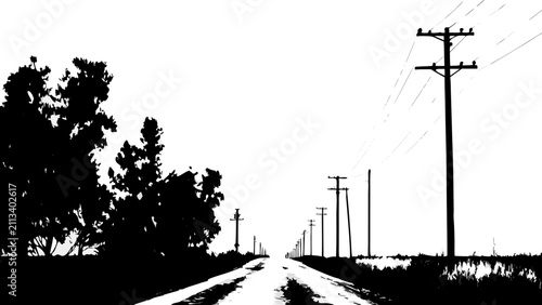Monochrome high contrast rural road landscape with power lines utility poles and trees silhouette