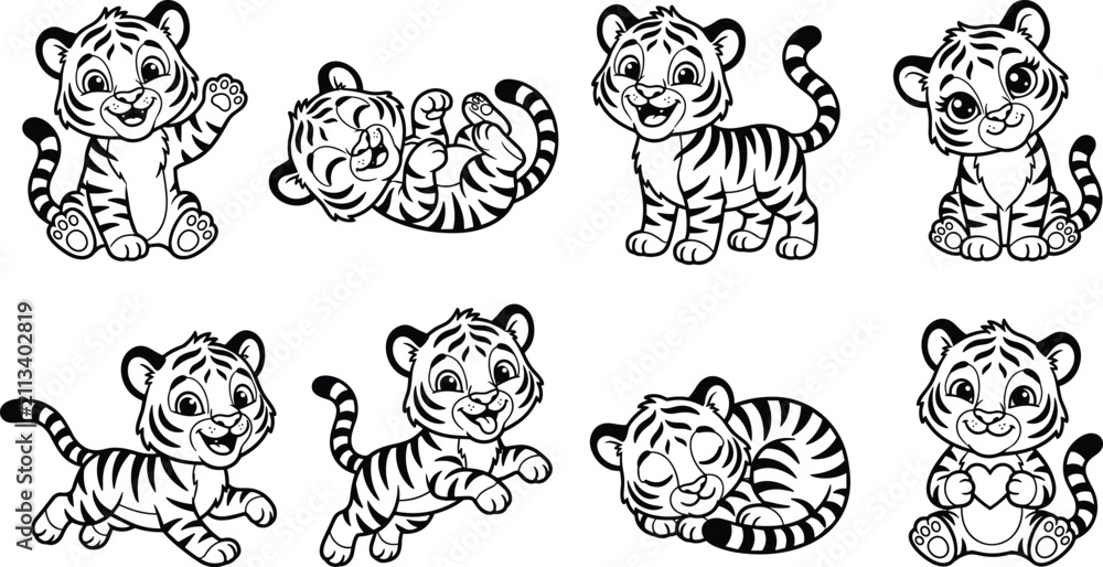 Obraz premium Set of cute baby tiger in black and white line style for coloring book pages