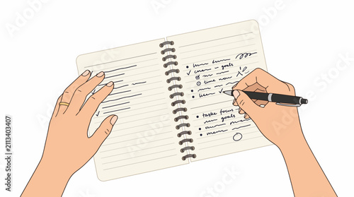 Overhead view of hands writing in a spiral notebook with a checklist and notes in white background.