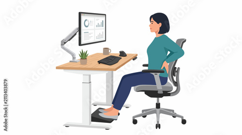 Woman experiencing back pain while sitting at an ergonomic standing desk with computer and footrest in white background.