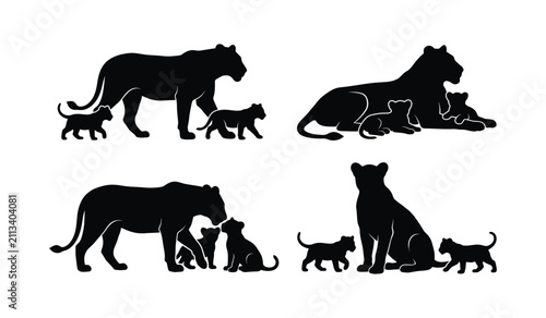 Foto Tiger Family Poses Silhouette Set with Mother and Cubs