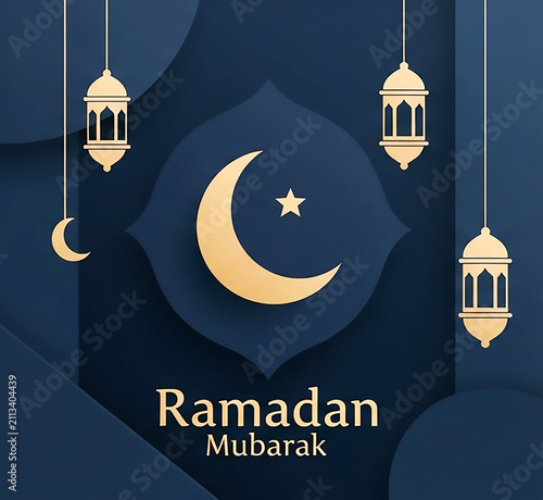 Ramadan Mubarak Dark Blue Background with Crescent Moon and Hanging Lanterns