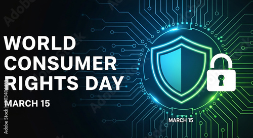World Consumer Rights Day Dark Banner with Shield and Padlock