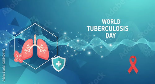 World Tuberculosis Day Teal Background with Lung Graphics and Red Ribbon